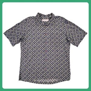 JHANE‎ BARNES 100% Silk Camp Shirt Men's MEDIUM Green Geometric Short Sleeve